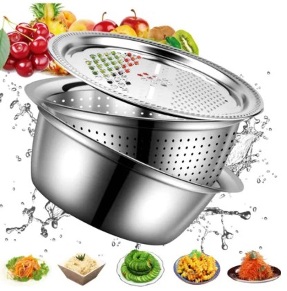 3 in 1 Stainless Steel Drain Basket with Vegetable Cutter Set